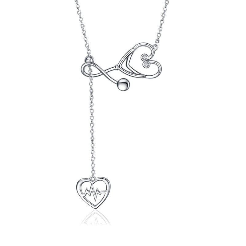 YFN Sterling Silver Stethoscope Jewelry Heartbeat EKG Adjustable Lariat Y Necklace for Women Doctor Nurse Gift (Stethoscope Lariat Necklace) - Image 1